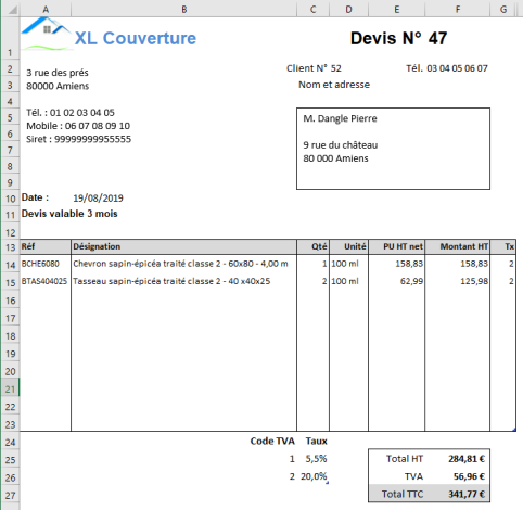 feuille d'édition du devis