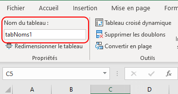 Excel nom de tableau