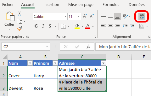 Excel - renvoi à la ligne automatique