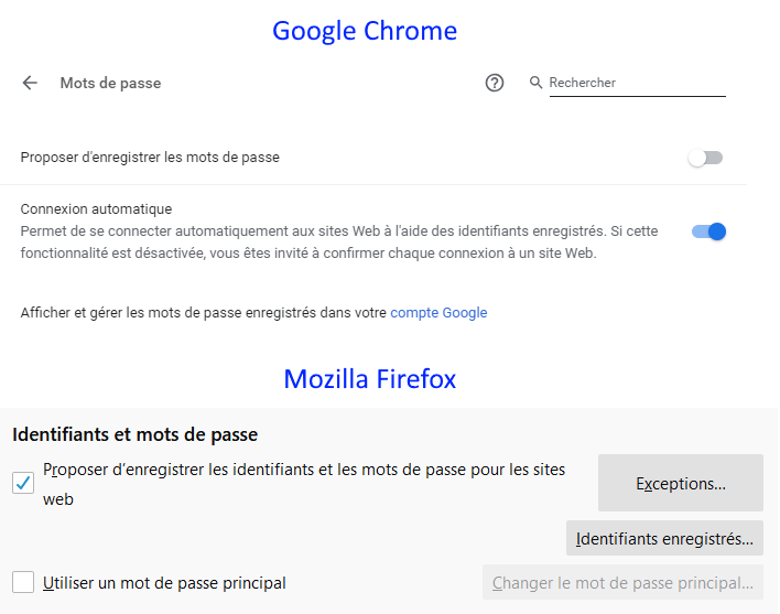 Mots de passe - paramètres navigateurs