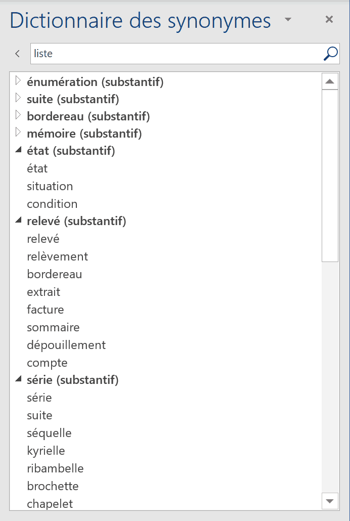 Le dictionnaire des synonymes de Word
