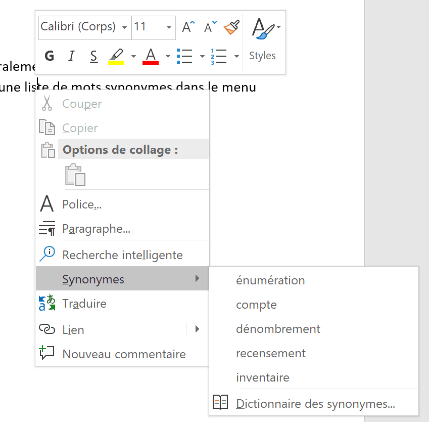 Liste réduite des synonymes dans Word