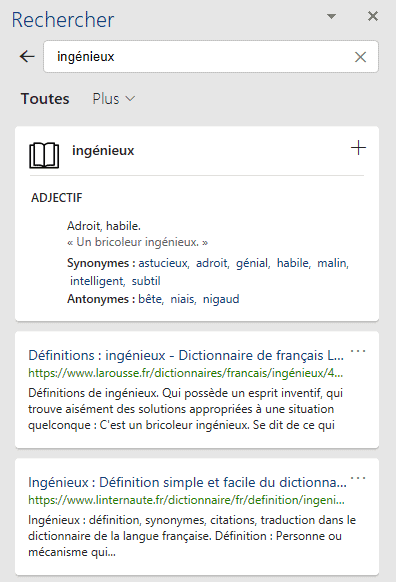 Panneau Rechercher dans Word