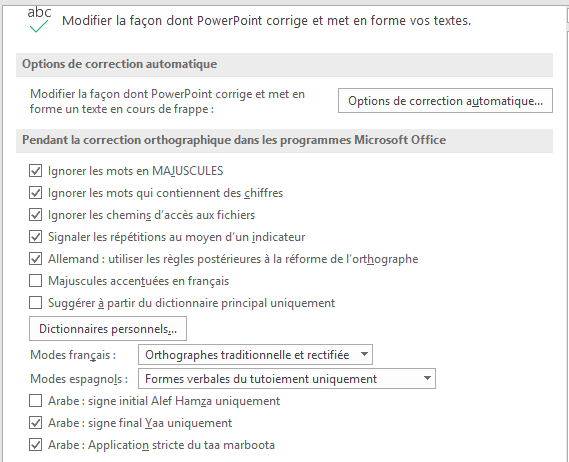 Office - paramètres communs de correction