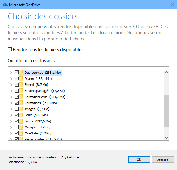 Choisir les dossiers de OneDrive à synchroniser