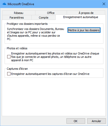 Paramètres d'enregistrement automatique des fichiers photos et vidéo sur OneDrive