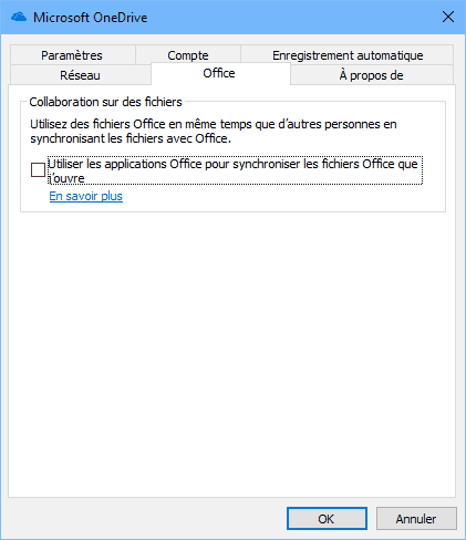 Paramètres pour la synchro des fichiers Office sur OneDrive