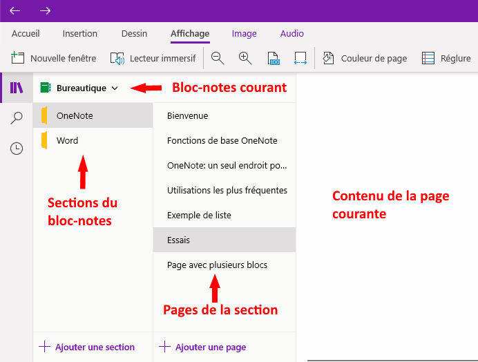 bloc-notes, sections et pages dans OneNote pour Windows 10