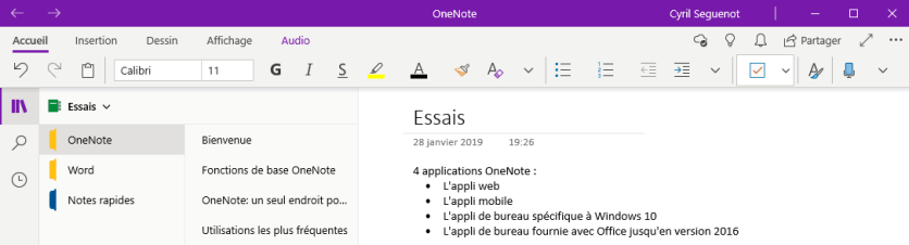 OneNote pour Windows 10 - Interface utilisateur