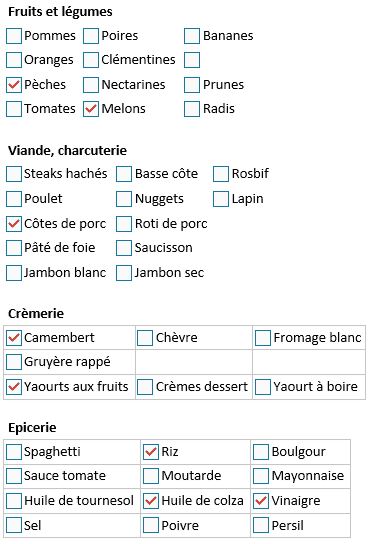 OneNote liste de courses en tableaux