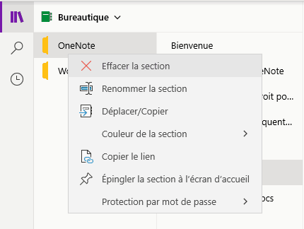 Le menu contextuel d'une section de OneNote