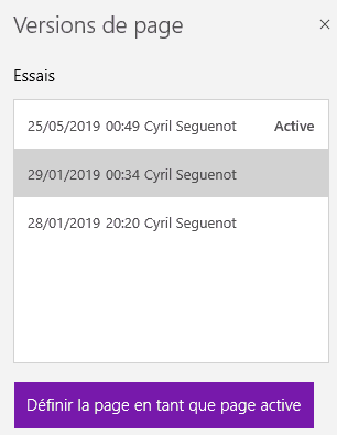 Versions d'une page dans OneNote pour Windows 10