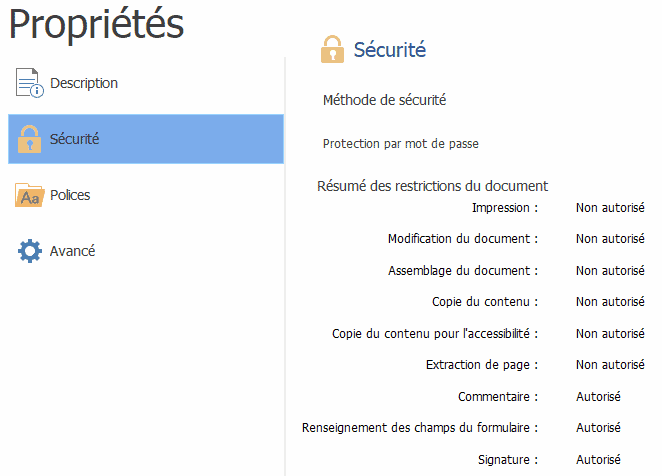 Propriétés sécurité PDF