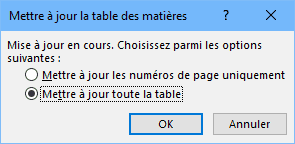 Options de mise à jour de la table des matières