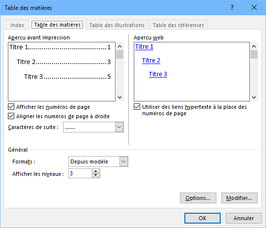 Options de table des matières