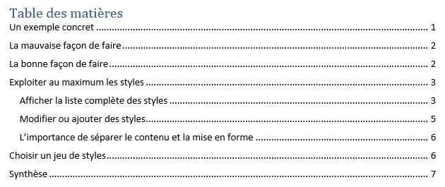 Exemple de Table des matières