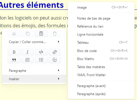 Menu contextuel de l'éditeur Markdown de Typora