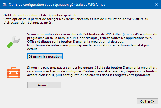 Outils de configuration et de réparation générale de WPS Office