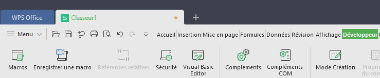 WPS Office ruban développeur