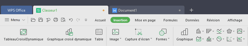 Ruban et boutons de WPS Office