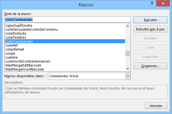 Lister les commandes de Word