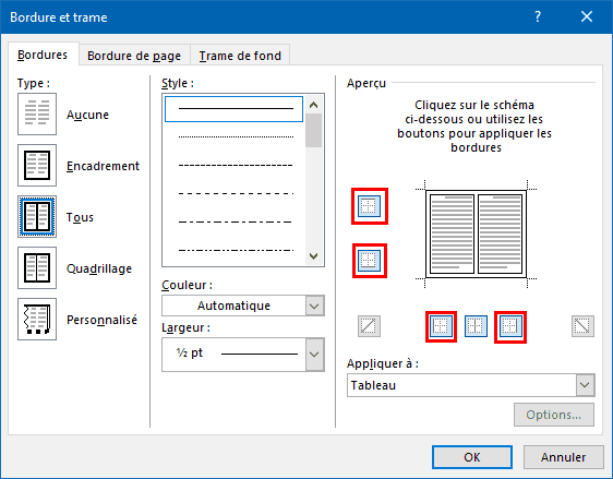 bordures et trames d'un tableau