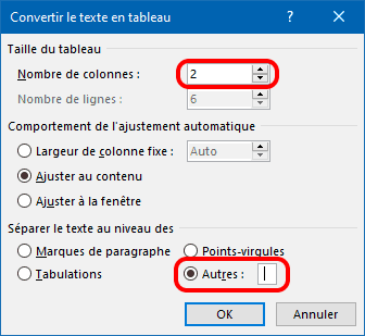 convertir texte en tableau Word