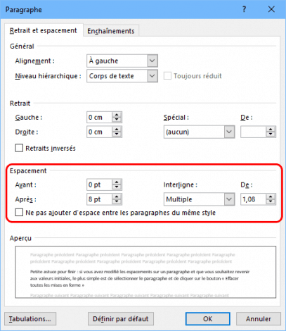 réglage de l'espacement des paragraphes et de l'interligne dans Word