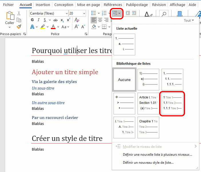 Utiliser une liste à plusieurs niveaux pour numéroter les titres Word