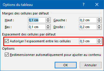marges de cellules dans un tableau Word