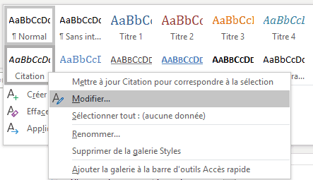 Word - menu contextuel Style