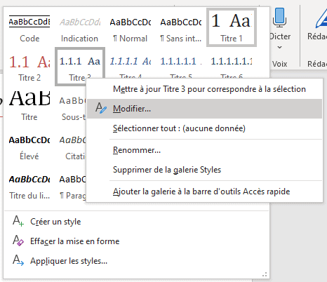 Menu contextuel pour modifier un style Word