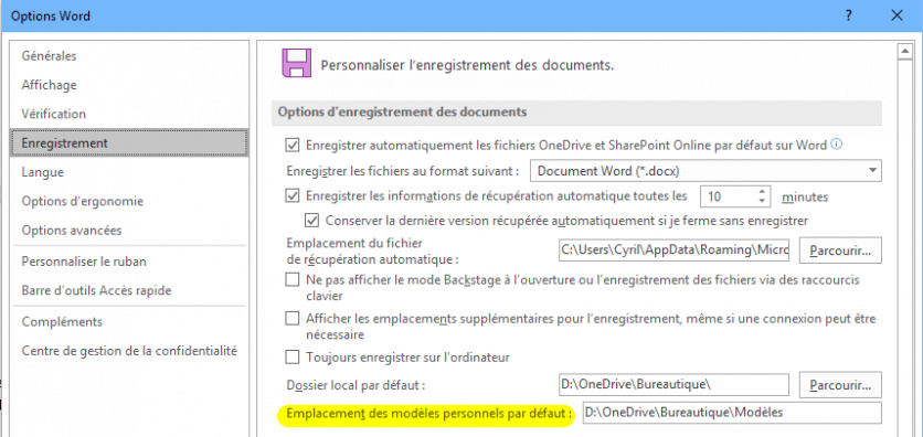 Word - options emplacement modèles