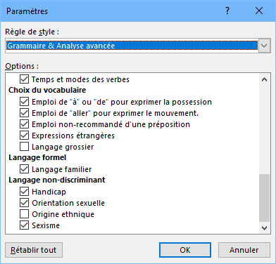 Word - paramètres analyse avancée