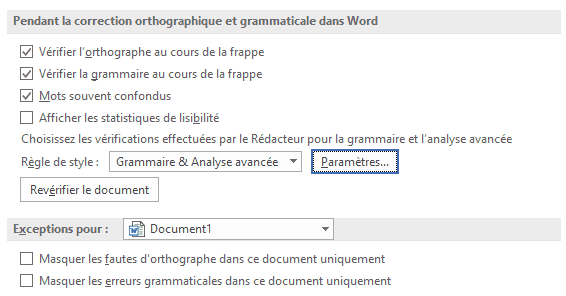 Word - paramètres correction orthographique